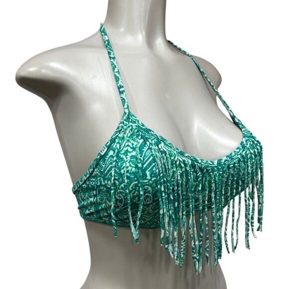 LA Hearts Swim Bikini Top Women's Large Green Abstract Halter Fringe Wireless - Picture 2 of 9